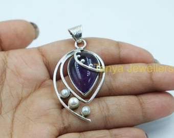 Colgante de amatista púrpura y agua dulce, plata de ley 925, hecho a mano, diseño único. Colgante de amatista y perlas, joyería, regalo para esposa, madre o novia.