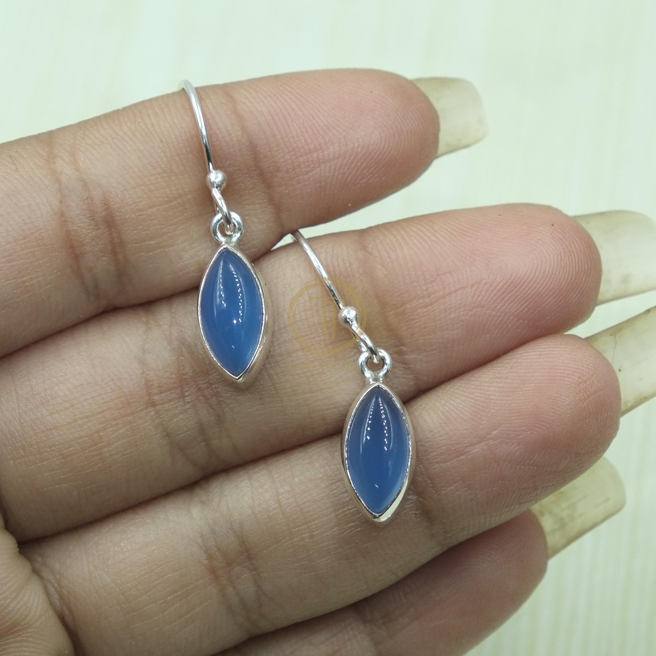 Orecchini Pendenti In Argento 925 Con Calcedonio Blu - Pietra Ovale Sfaccettata 10x14mm - Gioiello Donna Elegante - 2
