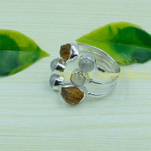 Natural Blue Fire Moonstone and Citrine Raw Gemstone Pure 925 Sterling Silver Ring Statement Ring Adjustable Ring Jewelry Gift for Her