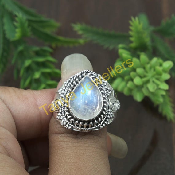 Bague pierre de lune bleue en argent sterling 925, bague design - Main Image