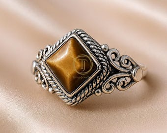 Tiger's Eye Ring, 925 Sterling Silver Handmade Promise Ring, November Birthstone, Delicate Ring, Yellow Gold Rose Gold Ring For Wife Mom