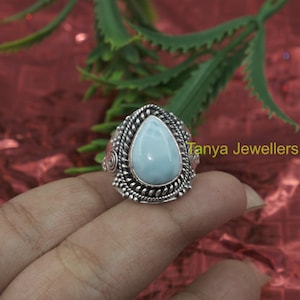 Natural Blue Larimar Ring 925 Sterling Silver Ring Handmade Statement Gemstone Rings Large Stone Ring for Women Larimar Gift Jewelry for Her