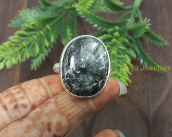 Natural Green Seraphinite Stone Ring, Gemstone Ring, 925 Sterling Silver Ring, Statement Ring, Birthday Gift Jewelry for Her and Him