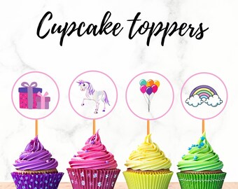 Unicorn Cupcake Toppers Printable, Digital Unicorn Birthday Party Cake Decorations
