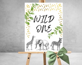 Safari Birthday Wild One Sign, Printable Party Decorations, Digital Download, Jungle Zoo Animals First Birthday