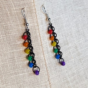 Rainbow drop earrings / rainbow chain earrings / black chain rainbow earrings / silver chain rainbow earrings