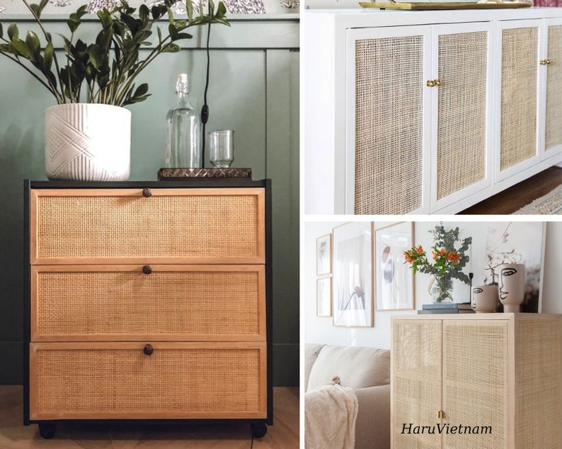 May include: Three different pieces of furniture with woven cane drawer fronts and cabinet doors. The furniture is painted white and black. The cane is a natural light brown color.