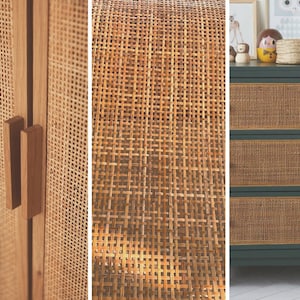 May include: Close-up of a wooden cabinet with woven cane panels. The cabinet has two doors with wooden handles. The cane panels are a light brown color and have a woven pattern.