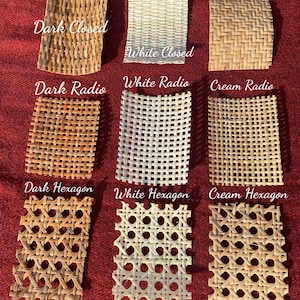 May include: A collection of woven rattan samples in various patterns and colors, including dark, white, and cream tones. The samples are labeled with text such as "Dark Closed," "White Radio," and "Cream Hexagon."