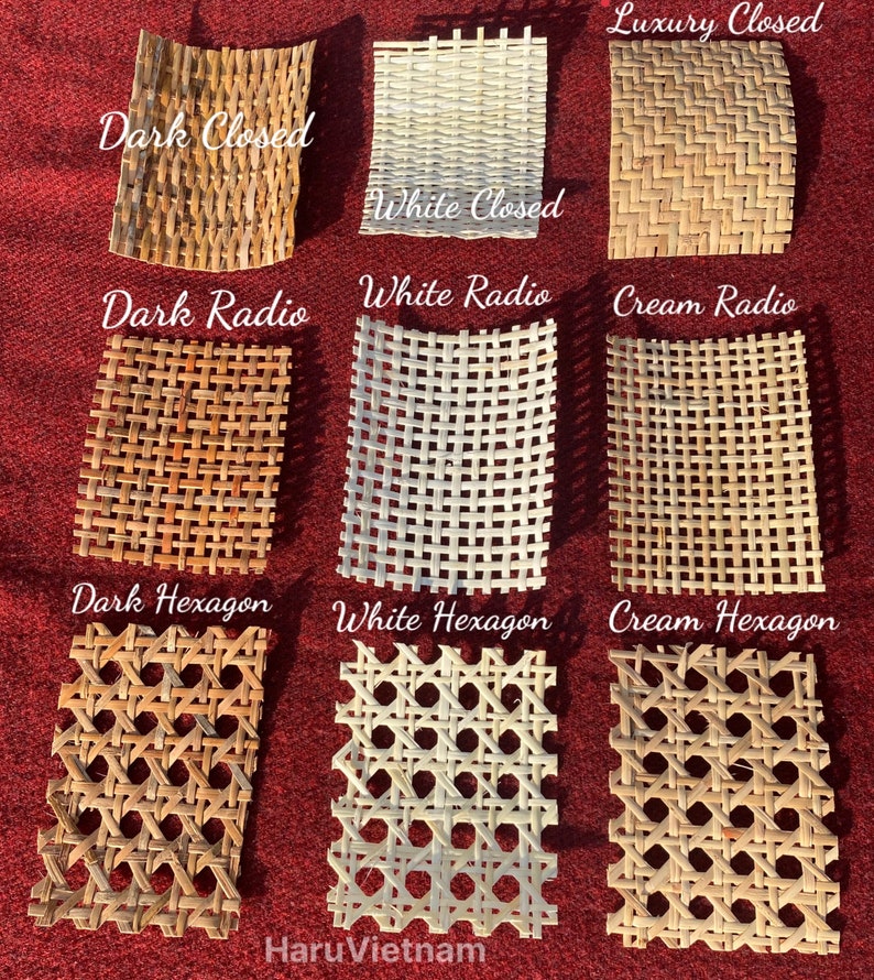May include: A collection of woven rattan samples in various patterns and colors, including dark, white, and cream tones. The samples are labeled with text such as "Dark Closed," "White Radio," and "Cream Hexagon."