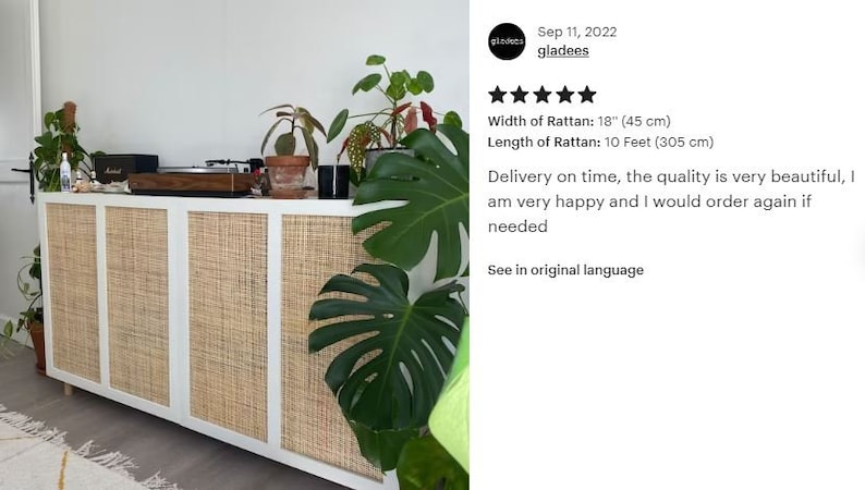 May include: White cabinet with four woven rattan doors. The cabinet is 18 inches wide and 10 feet long. The cabinet is sitting on a white rug in front of a white wall. There are plants in the background.