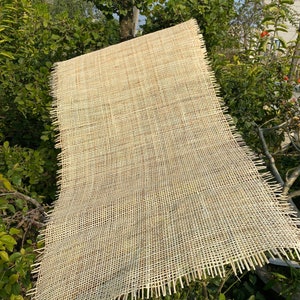 May include: A close-up of a natural woven fabric with a light beige color. The fabric has a grid pattern and is made of thin, woven strands. The fabric is slightly frayed at the edges.