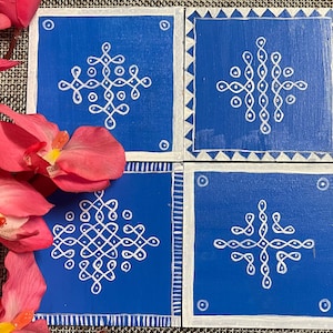 Set of 4, 4in by 4in wood kolam tiles coasters, traditional rangoli decor, Diwali decor