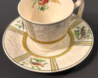 Copeland Spode June Demitasse Cup and Saucer. Embossed Floral and Birds Porcelain