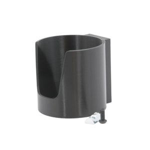 May include: A black plastic cup holder with a mounting bracket and a screw. The cup holder is designed to hold a standard-sized cup or bottle.