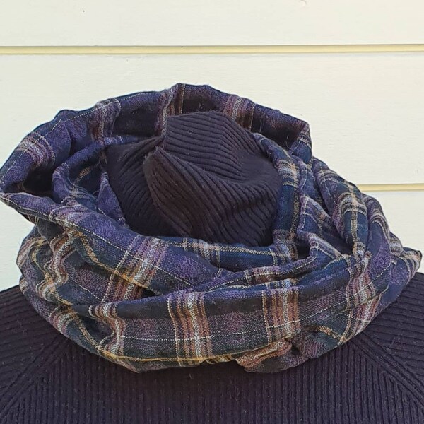 Infinity scarf. Hoop scarf. Office neck warmer. Blue, purple and brown.