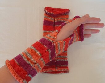 Knit wool fingerless gloves. Wool arm warmers with thumb hole. Long colorful wristies.