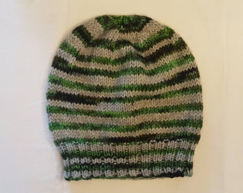 Striped hat. Grey and green striped beanie. Hand dyed.