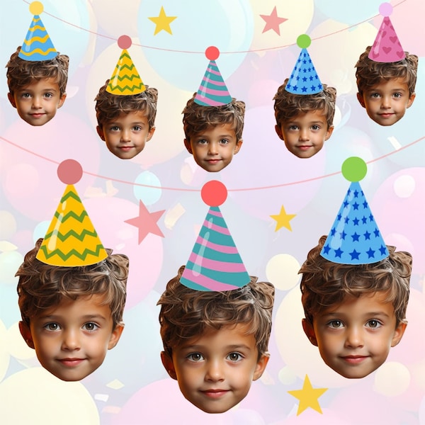Personalised Birthday Party Hat Banner - Custom Face Photo Bunting Banner Cut Out - Unique Kids Party Decoration