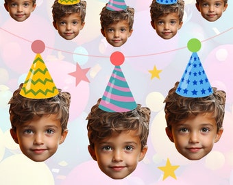 Personalised Birthday Party Hat Banner - Custom Face Photo Bunting Banner Cut Out - Unique Kids Party Decoration