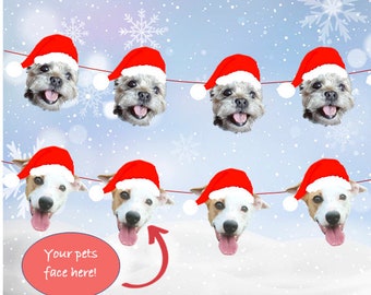 CUSTOM Pet Santa Personalised Photo Christmas Santa Hat Bunting - Dog Cat Face Christmas Decoration - Party Birthday Banner - Funny Pet Gift