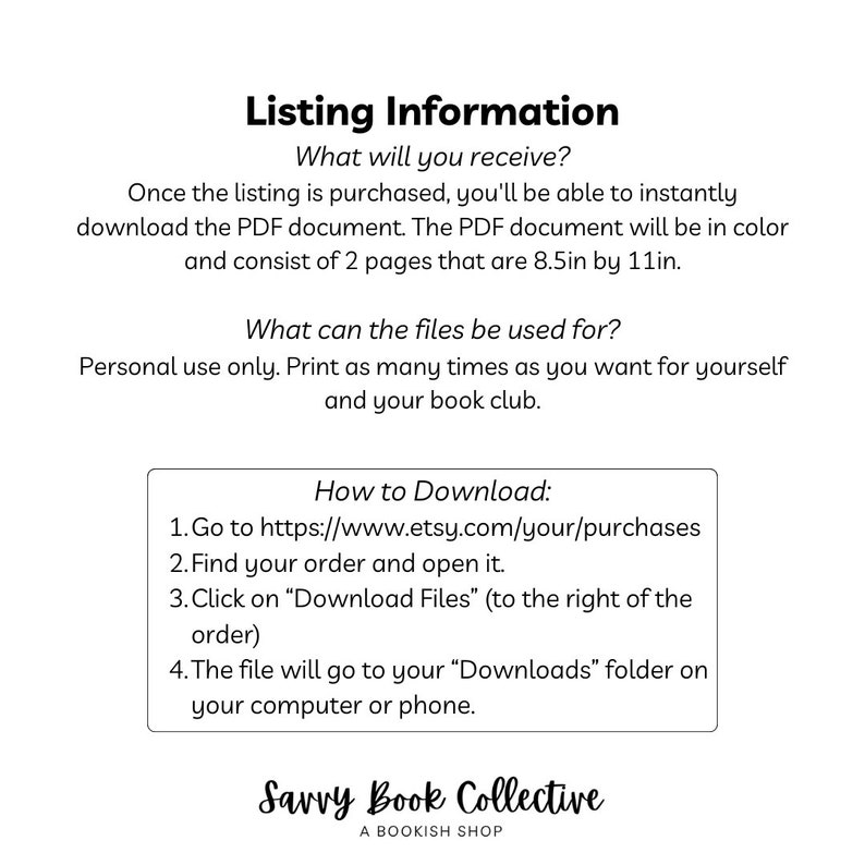 May include: Listing information for a printable PDF document. The document is 8.5 inches by 11 inches and has two pages. The document is for personal use only and can be printed as many times as needed. Instructions for downloading the document are included.