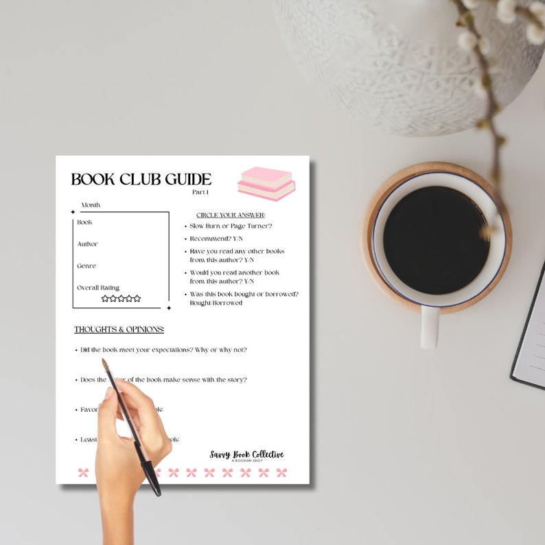 May include: A printable book club guide with a pink and white stack of books illustration. The guide includes sections for the book title, author, genre, overall rating, and thoughts and opinions. The guide also asks questions about whether the book was a slow burn or a page turner, if the reader would recommend the book, and if they have read other books by the same author.