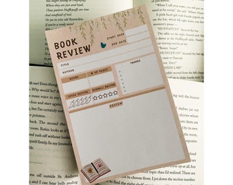 May include: A pink and brown printable book review tracker with a butterfly illustration. The tracker includes sections for title, author, genre, number of pages, spice rating, overall rating, start date, end date, tropes, and review.