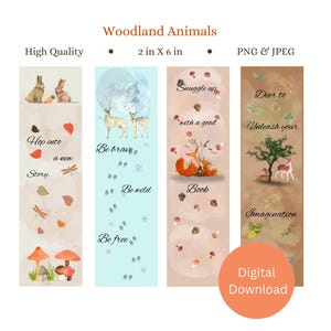 Può includere: Set di quattro segnalibri stampabili con animali del bosco e citazioni ispiratrici. I segnalibri misurano 5 cm di larghezza per 15 cm di altezza e sono disponibili nei formati PNG e JPEG. Le citazioni includono "Hop into a new story", "Be brave, be wild, be free", "Snuggle up with a good book", and "Deer to unleash your imagination".