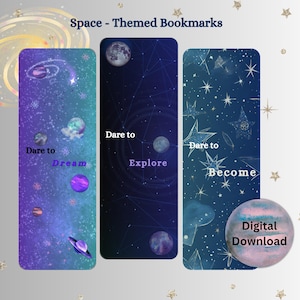 Digital Bookmarks, Space Bookmarks, Astronomy Bookmark, Galaxy Bookmark, Celestial Bookmark, Planets, Star Bookmark, Stars and Moon