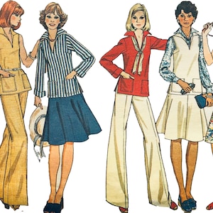 May include: Five women wearing different 1970s style outfits. The women are wearing a yellow pantsuit, a striped shirt with a blue skirt, a red shirt with white trousers, a white dress with a blue and white patterned shirt, and a floral print dress.