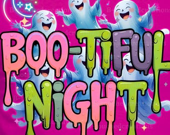Neon Ghost PNG: "Boo-Tiful Night" Halloween Sublimation Design (Digital Download)