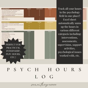 May include: A printable psychology hours log with a green, brown, and yellow color scheme. The log includes sections for assessment, supervision, and support activities. The text "PERFECT FOR PRACTICUM, INTERNSHIP, PLPC HOURS, ETC!" is in a starburst shape. The text "PSYCH HOURS LOG" is in large, black letters. The text "samanthagraceco" is in smaller, black letters.
