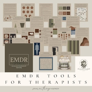 Könnte beinhalten: Ein Satz druckbarer EMDR-Tools für Therapeuten. Die Tools sollen Therapeuten dabei unterstützen, ihre Klienten durch den EMDR-Prozess zu führen. Die Tools sind auf einem hellbraunen Hintergrund mit grünen und braunen Akzenten gedruckt. Die Tools beinhalten eine Vielzahl von Ressourcen, wie z. B. eine Zielsequenz-Planungstabelle, ein Erdungs- und Achtsamkeitsarbeitsblatt und eine Übersicht über den Körperscan.