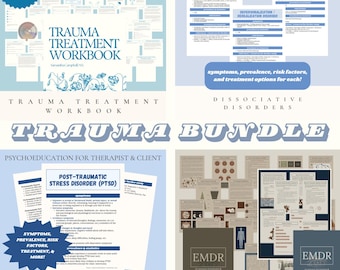 Könnte beinhalten: Eine blaue und weiße Grafik mit dem Text "Trauma Bundle" und Bildern von Arbeitsbüchern und Handouts für Therapeuten und Klienten. Die Arbeitsbücher und Handouts behandeln Themen wie Traumabehandlung, posttraumatische Belastungsstörung (PTBS) und dissoziative Störungen. Das Bundle enthält Informationen zu Symptomen, Prävalenz, Risikofaktoren, Behandlungsmöglichkeiten und fortgeschrittenen EMDR-Tools.