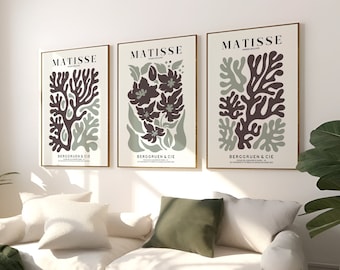 Lot de 3 impressions d'art murales florales Matisse | Posters d'art mural floral bohème vert pour chambre à coucher et salon | Décoration d'exposition moderne Mid-Century