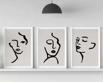 Boho Line Art Abstract Faces Wall Art Prints, Décor mural nordique, Ensemble de 3 affiches, Art mural scandinave, Art de salon minimaliste