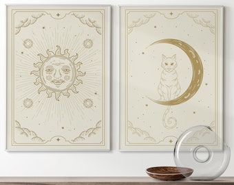 The Sun and The Moon Tarot Print Set of 2 - Boho Wall Art, Celestial Wall Prints, Mystical, Neutral Decor, Astrology Posters, Tarot Card Art