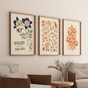 Set of 3 Flower Market Wall Art Prints, Living Room Wall Art Objects, Beige Mid Century Modern Poster, Boho Botanical Room Decor Art Prints
