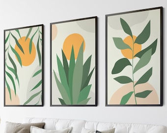 Set van 3 kunst aan de muur bloemenmarkt wordt afgedrukt, woonkamer muur kunstobjecten, groene moderne poster uit het midden van de eeuw, boho botanische kamer decor kunstafdrukken