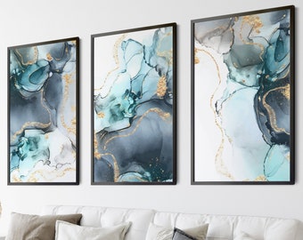 Set Of 3 Navy Blue & Gold Abstract Wall Art Prints - Best Gift Wall Art | Nordic Home Decor | A3 A4  - Bedroom Wall Art, Living Room Decor