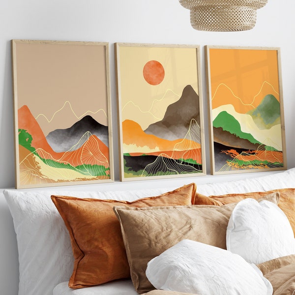 Landscape Set of 3 Prints, Abstract,Bedroom Wall Art, Watercolour, Beige Wall Art, Grey, Mountain Wall Art, Nordic Wall Art, Home Decor