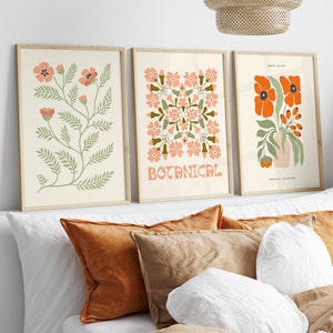 Set of 3 Flower Market Wall Art Prints, Living Room Wall Art Objects, Beige Mid Century Modern Poster, Boho Botanical Room Decor Art Prints