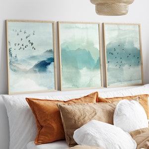 Japanese Wall Art Set of 3 Prints, Japanese Art Prints, Japandi Décor, Mountain Wall Art, Minimalist Wall Art, Landscape Blue Green Wall Art