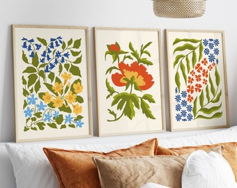 Set of 3 Flower Market Wall Art Prints, Living Room Wall Art Objects, Green Mid Century Modern Poster, Boho Botanical Room Decor Art Prints