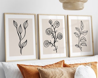 Botanical Wall Prints, Botanical Line Art, Beige Wall Prints, Plants Art Print, Natural Wall Art, Living Room  Decor, Set of 3 Wall Prints