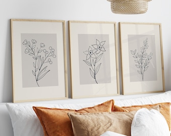 Set of 3 Neutral Botanical Wall Art Prints, Living Room Wall Art Objects, Plants Wall Art, Floral Line Art, Grey  Decor, Boho Flower Art