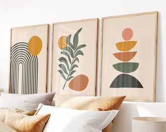 Boho Abstract Wall Art Prints, Boho Wall Decor, Set of 3 Prints, Scandi Art, Mid Century Prints, Black, Beige, Green, Mustard, Boho Wall Art