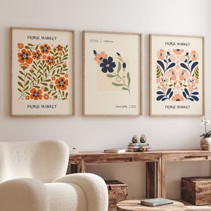 3er Set Blumenmarkt Wand Kunst Objekte, Wohnzimmer Wand Kunst Objekte, Beige Mid Century Modern Poster, Boho Botanische Raumdekor Kunstdrucke