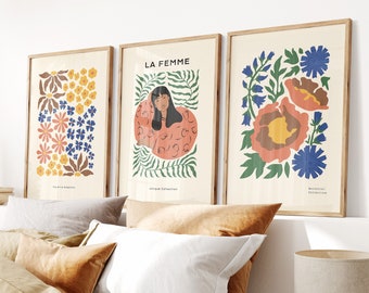 Conjunto de 3 láminas de Matisse "Mercado de Flores", arte floral bohemio, decoración de pared para dormitorio, lámina para sala de estar, láminas de arte moderno de mediados de siglo para exposiciones